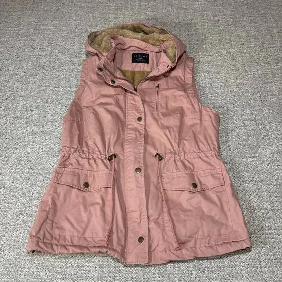 Love Tree Pink Vest Sherpa Lined Drawstring Waist & Detachable Hood Size Large - Picture 2 of 7